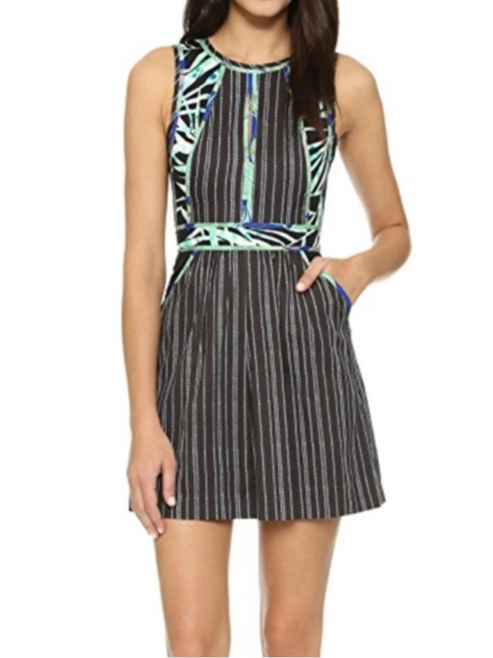 BCBGMaxAzria Black Striped Sleeveless Dress with Blue & Mint Trim